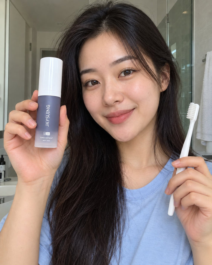 Woman holding the colour corrector bottle and a toothbrush