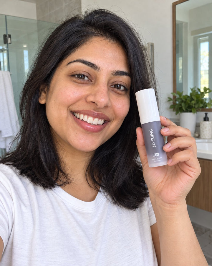 Smiling woman holding the colour corrector bottle