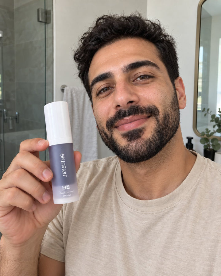 Man holding the colour corrector bottle