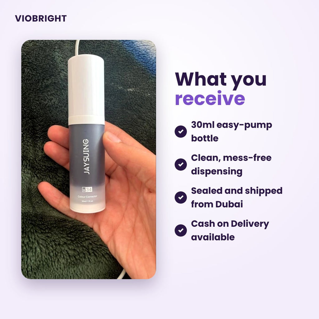 VioBright purple toothpaste 30ml pump bottle in hand, shipped from Dubai with Cash on Delivery
