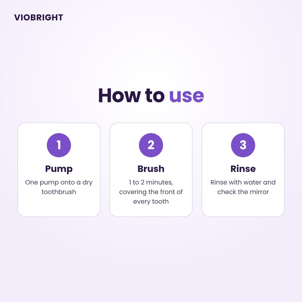 How to use VioBright purple toothpaste in 3 steps: pump, brush for 1 to 2 minutes, rinse