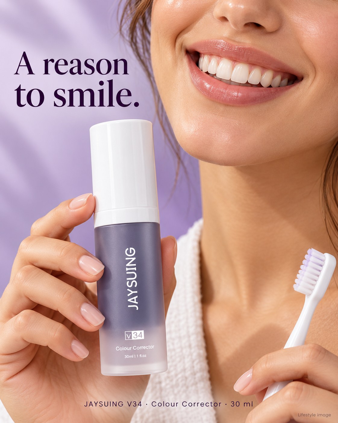 Smiling woman holding the purple colour corrector bottle and a toothbrush